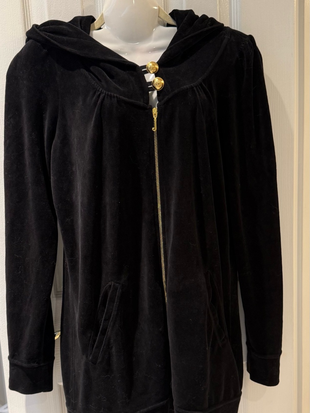 Juicy Couture Black Velvet Hooded Zip Jacket L with Gold Buttons and gold zip